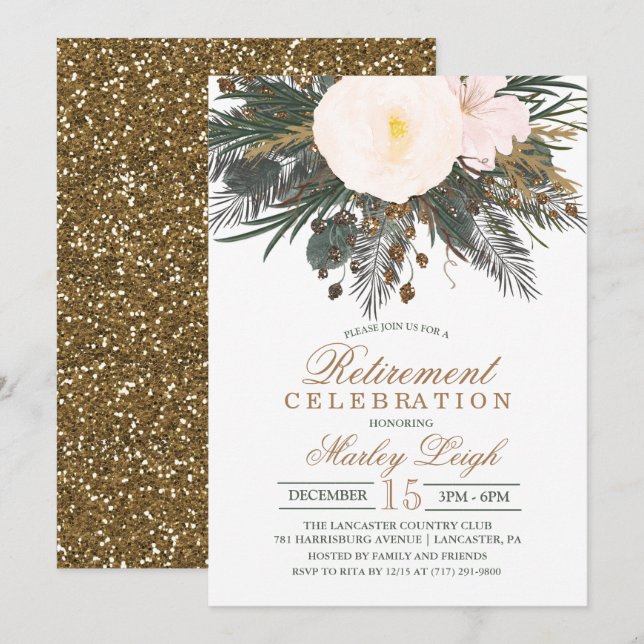 Winter Floral Glitter Retirement Invitation (Front/Back)