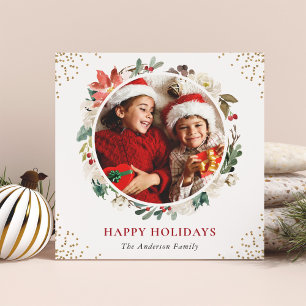 Winter Floral Gold Confetti 2 Photo Square Happy  Holiday Card