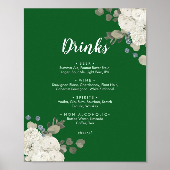 Winter Floral|Green Wedding Drinks Menu Sign (Front)