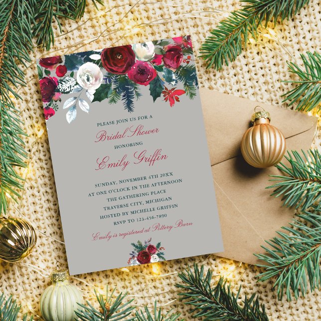 Winter Floral Holiday Christmas Bridal Shower Invitation (Creator Uploaded)