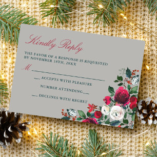 Winter Floral Holiday Christmas December Wedding RSVP Card