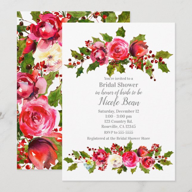 Winter Floral Holly Berry Holiday Bridal Shower Invitation (Front/Back)