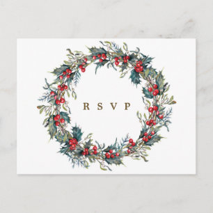 winter floral holly wreath wedding rsvp postcard