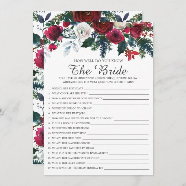 Winter Floral How Well Do You Know The Bride Game Invitation (Front/Back)