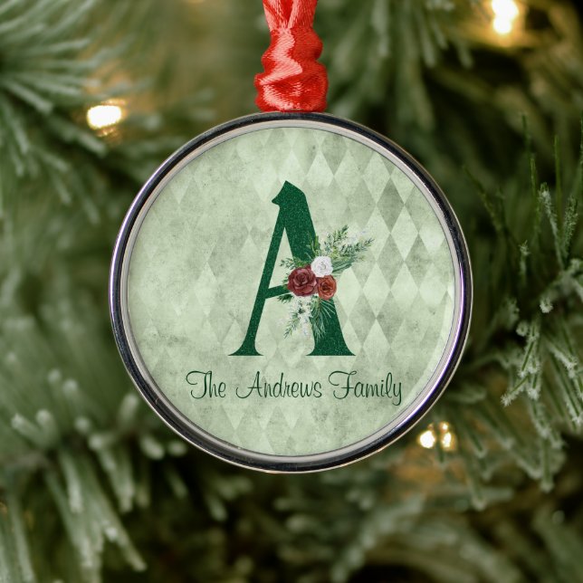 Winter Floral Illustrated Letter A Personalised  Metal Tree Decoration (Tree)