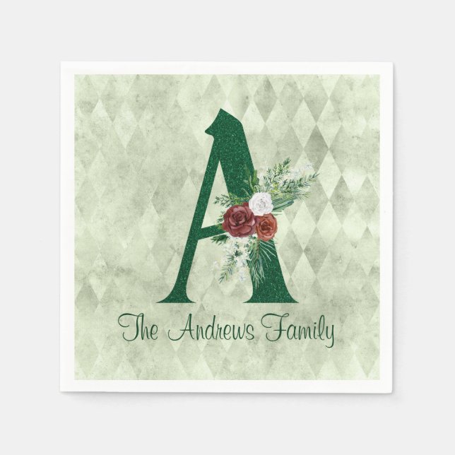 Winter Floral Illustrated Letter A Personalised   Napkin (Front)