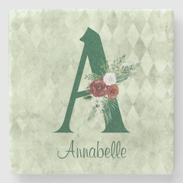 Winter Floral Illustrated Letter A Personalised  Stone Coaster (Front)