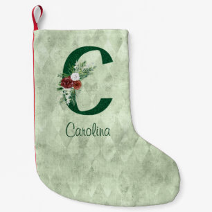Winter Floral Illustrated Letter C Personalised   Small Christmas Stocking