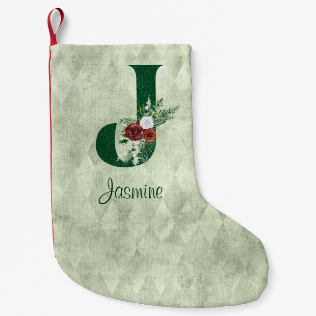 Winter Floral Illustrated Letter J Personalised  Small Christmas Stocking (Front)