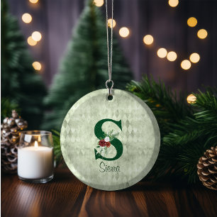 Winter Floral Illustrated Letter S  Personalised   Ceramic Tree Decoration