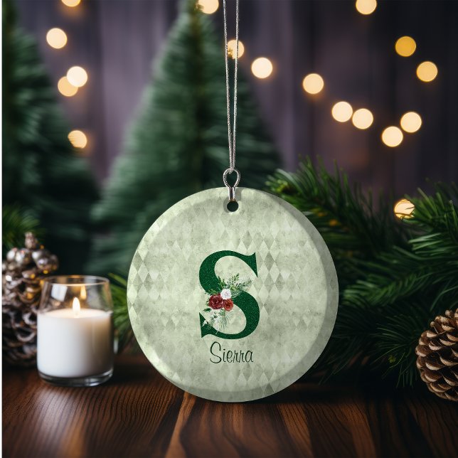 Winter Floral Illustrated Letter S  Personalised   Ceramic Tree Decoration (Creator Uploaded)