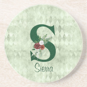 Winter Floral Illustrated Letter S Personalized Coaster