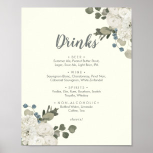 Winter Floral   Ivory Wedding Drinks Menu Sign