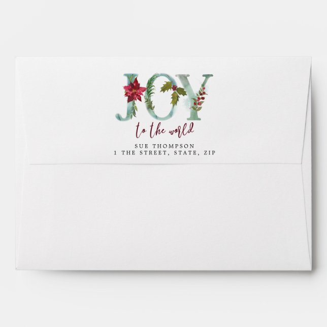 winter floral Joy christmas card envelopes (Back (Top Flap))