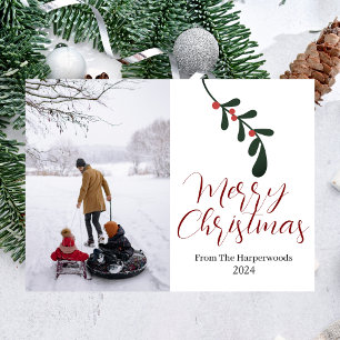 Winter Floral Leaf Christmas Family One Photo  Holiday Card