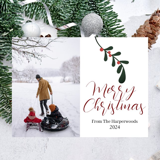 Winter Floral Leaf Christmas Family One Photo  Holiday Card (Creator Uploaded)