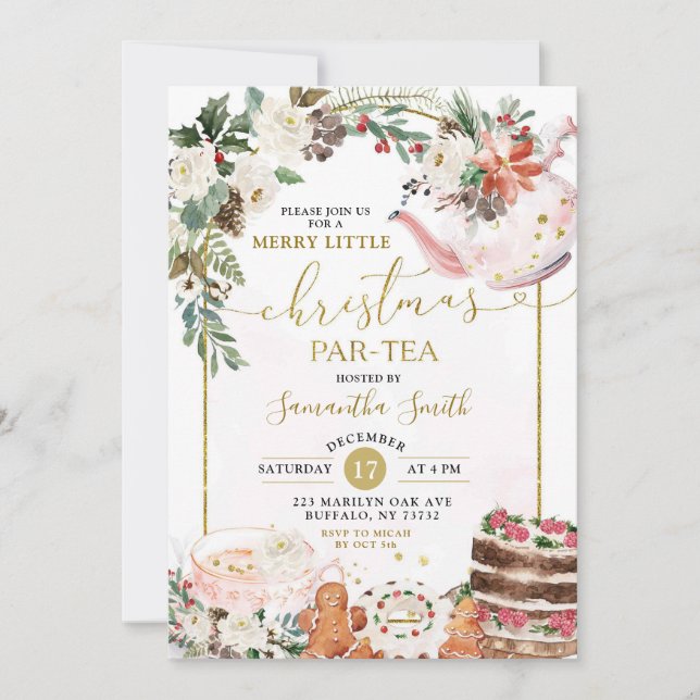 Winter Floral Merry Little Christmas Par - Tea Invitation (Front)