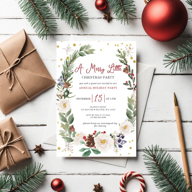 Winter Floral Merry Little Christmas Party Invitation (Winter Floral Merry Little Christmas Party Invitation)