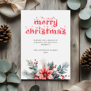 Winter Floral Modern Typography Merry Christmas Holiday Card