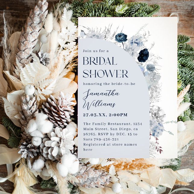 Winter Floral Navy Blue Wildflower Boho Bridal Invitation (Creator Uploaded)
