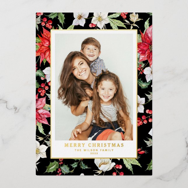Winter Floral Pattern Black Merry Christmas Photo (Front)