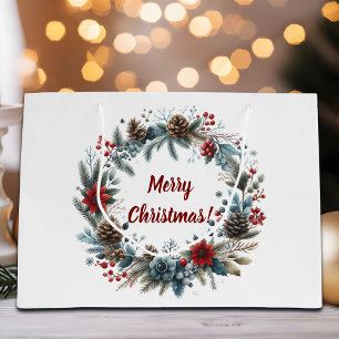 Winter Floral Pine Cones Wreath Large Gift Bag