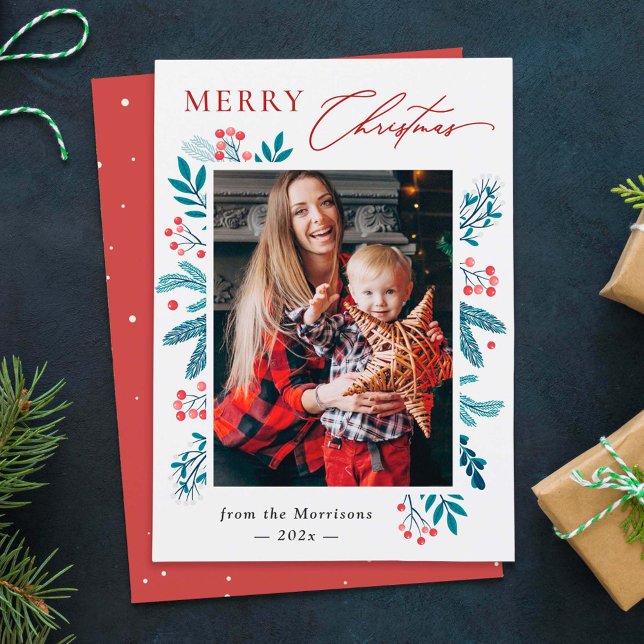 Winter Floral Pine Leaves Merry Christmas Photo Holiday Card (Creator Uploaded)