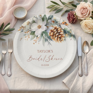 Winter Floral Pine Tree Bridal Shower Paper Plate