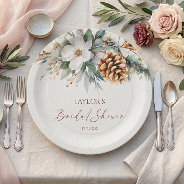 Winter Floral Pine Tree Bridal Shower Paper Plate (Creator Uploaded)
