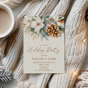 Winter Floral Pine Tree Christmas Holiday Party Invitation