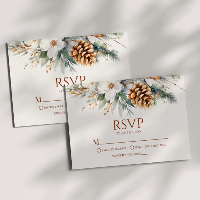 Winter Floral Pine Tree Cone Wedding RSVP Card (Creator Uploaded)