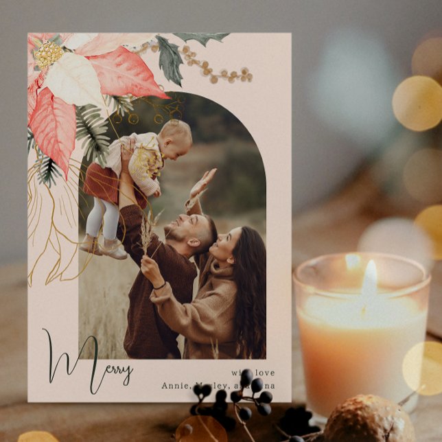 Winter Floral Pink Merry One Photo Holiday Card (Creator Uploaded)