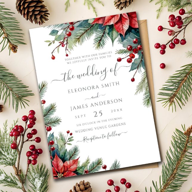 Winter Floral Poinsettia Christmas Green Wedding Invitation (Creator Uploaded)