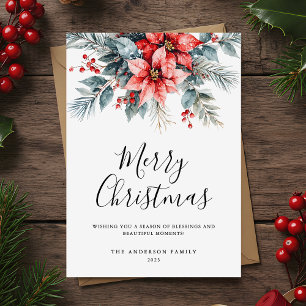 Winter Floral Poinsettia Merry Christmas Holiday Card