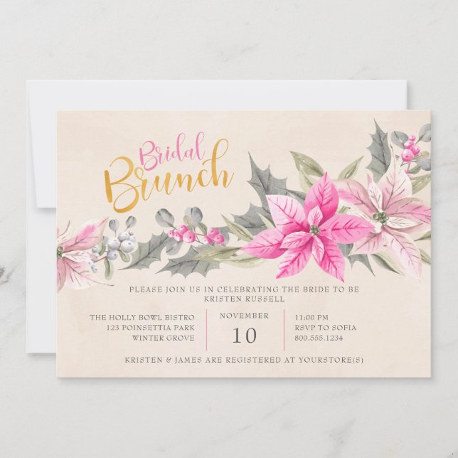 Winter Floral Poinsettia Watercolor Bridal Brunch Invitation (Front)