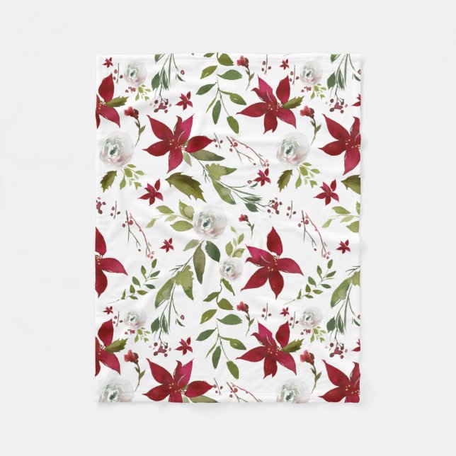 Winter Floral Poinsettia Watercolor Fleece Blanket (Front)