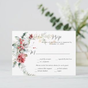 Winter Floral Red Blush White Pine Fern RSVP Card
