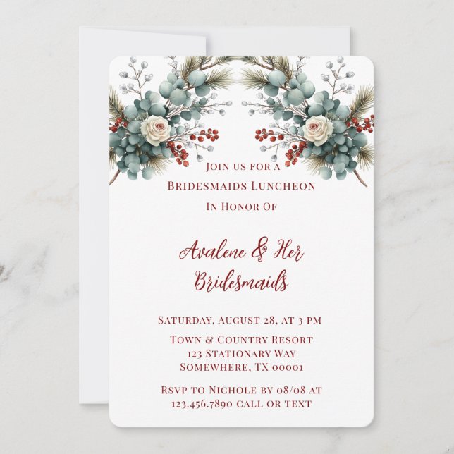 Winter Floral Red White Rose Bridesmaids Luncheon Invitation (Front)
