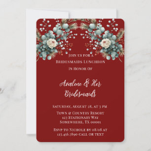 Winter Floral Red White Rose Bridesmaids Luncheon Invitation