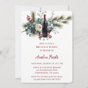 Winter Floral Red White Rose Brunch & Bubbly Invitation