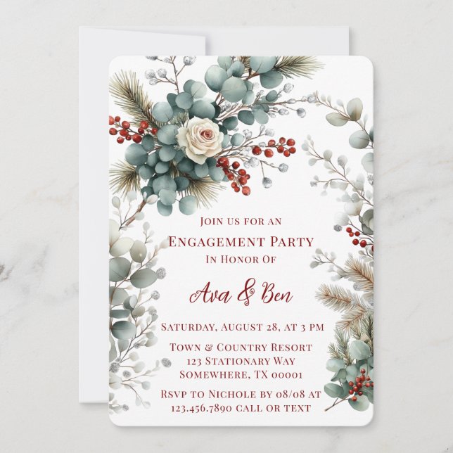 Winter Floral Red White Rose Engagement Party Invitation (Front)
