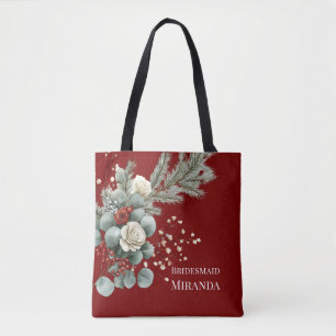 Winter Floral Red White Rose Wedding Bridesmaid Tote Bag
