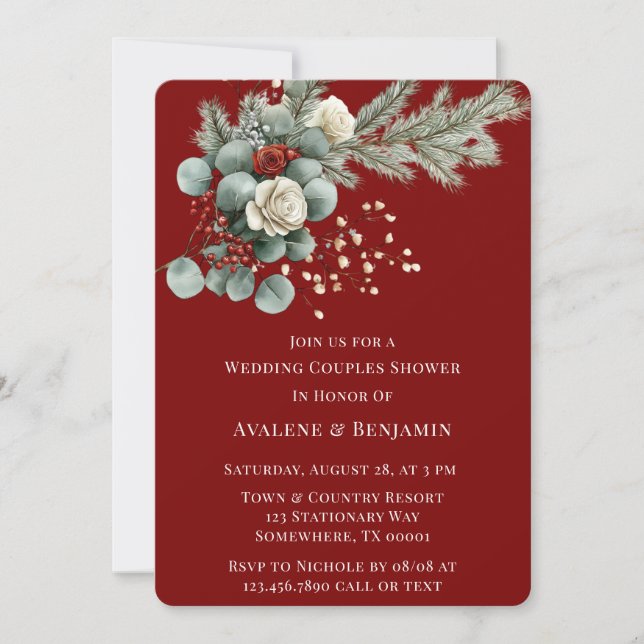 Winter Floral Red White Rose Wedding Couple Shower Invitation (Front)