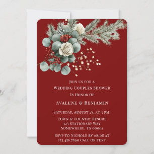 Winter Floral Red White Rose Wedding Couple Shower Invitation
