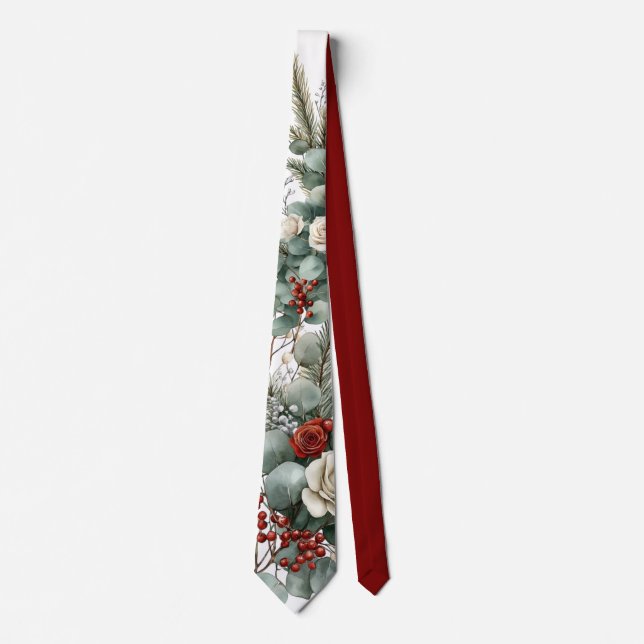 Winter Floral Red White Rose Wedding Groom Tie (Front)
