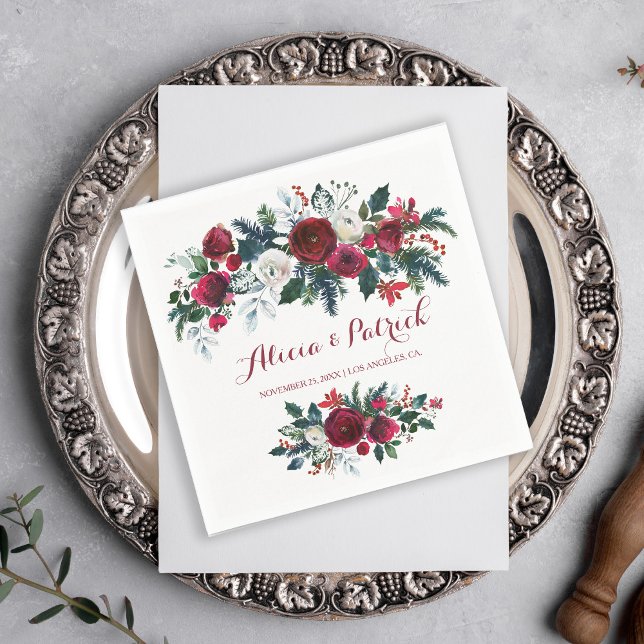Winter floral rustic burgundy pine green wedding napkin (Creator Uploaded)