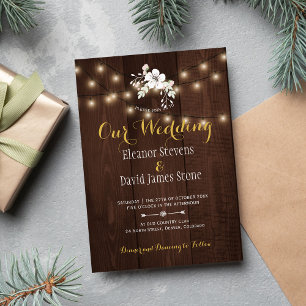 Winter Floral Rustic Wedding   Brown White Gold Invitation
