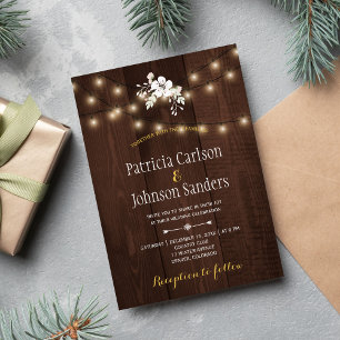 Winter Floral Rustic Wedding   String Lights Wood Invitation