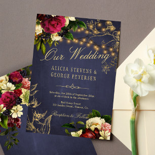 Winter floral twinkle lights navy chalkboard invitation