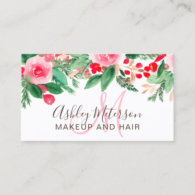 Winter floral watercolor chic makeup hair business card (Front)